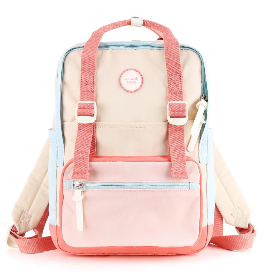 vista frontal mochila multicolor coral beige celeste