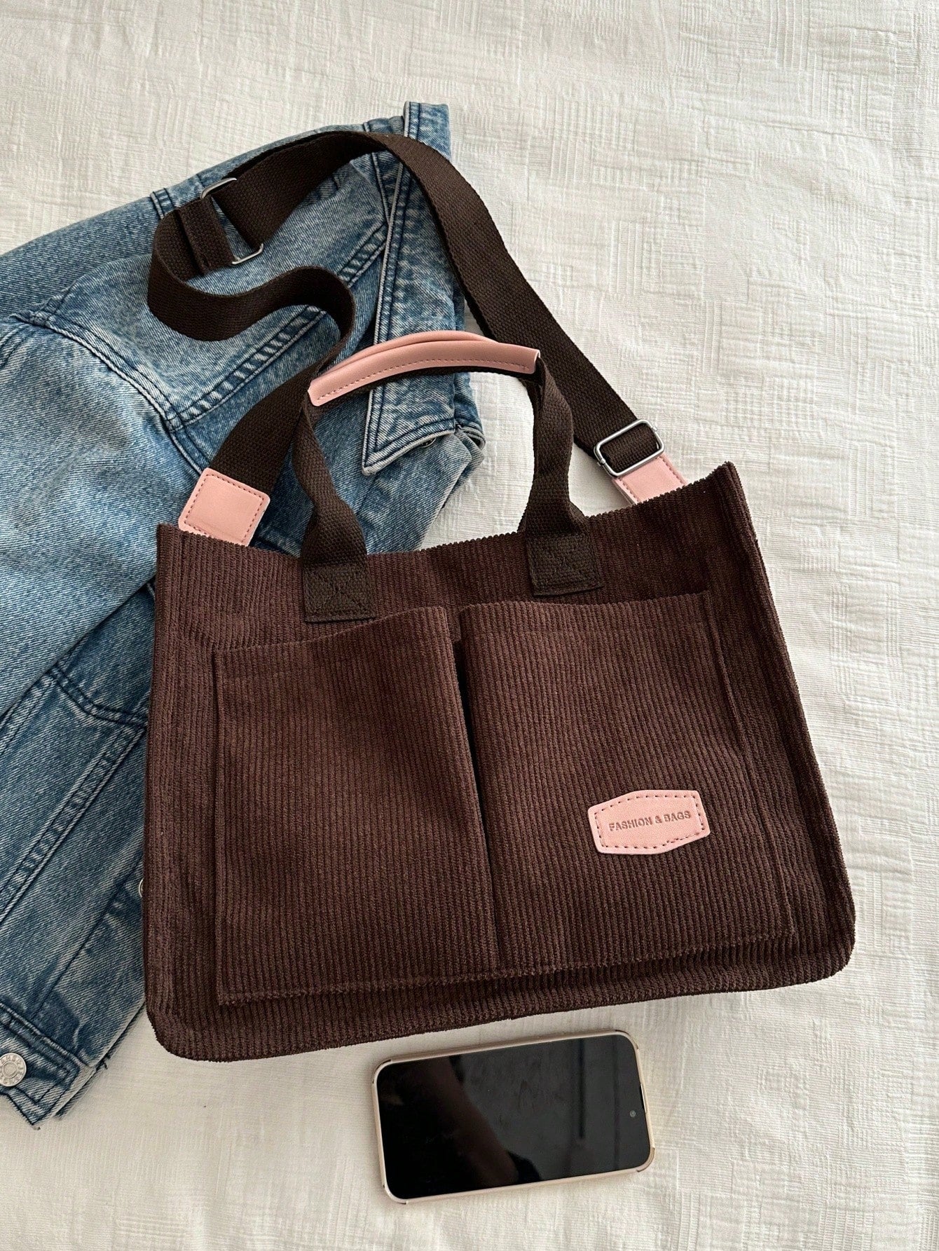 Bolso tote café de pana para mujer con asas y correa