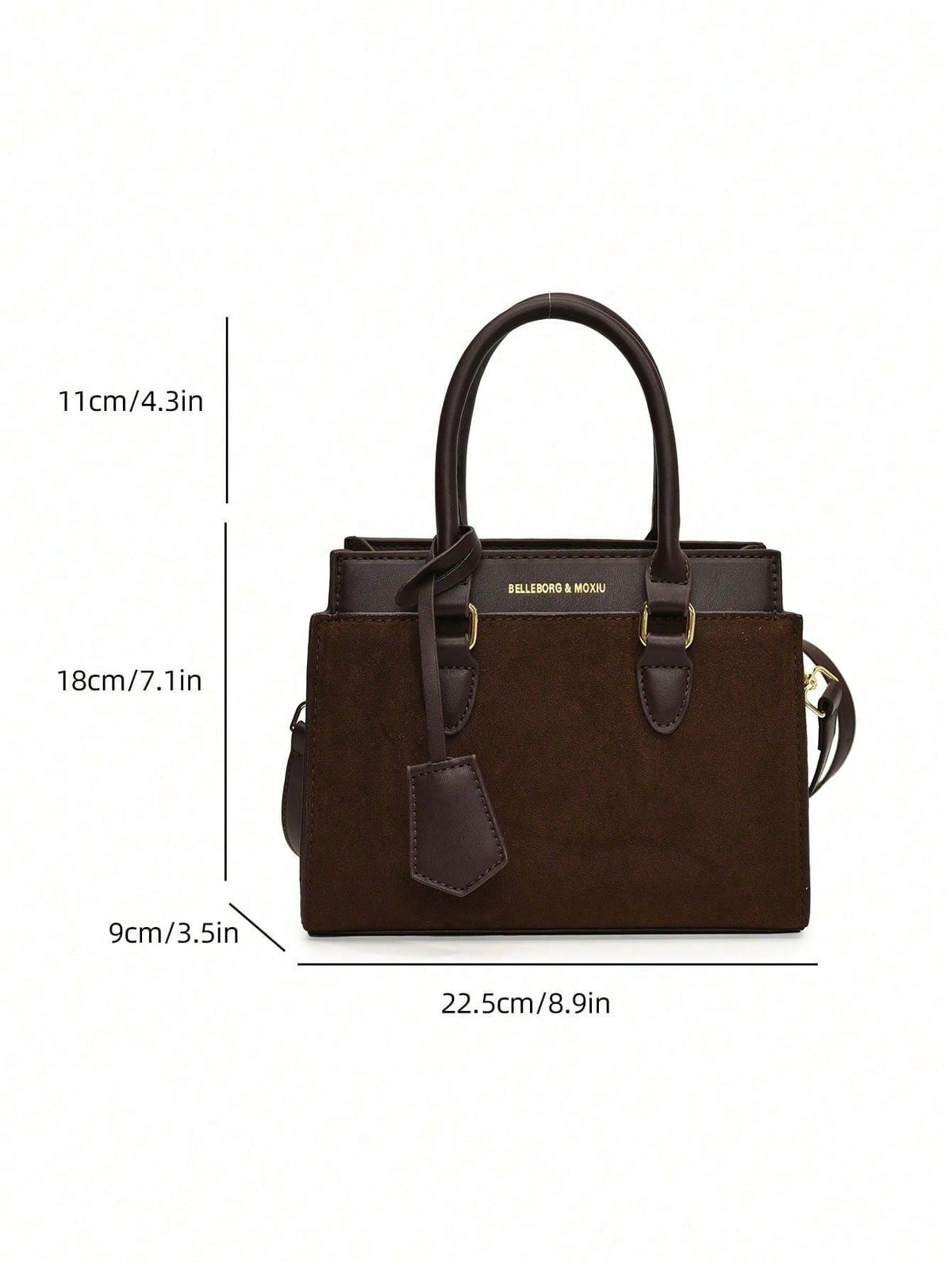 Bolso café para mujer con medidas de 22.5 × 18 × 9 cm