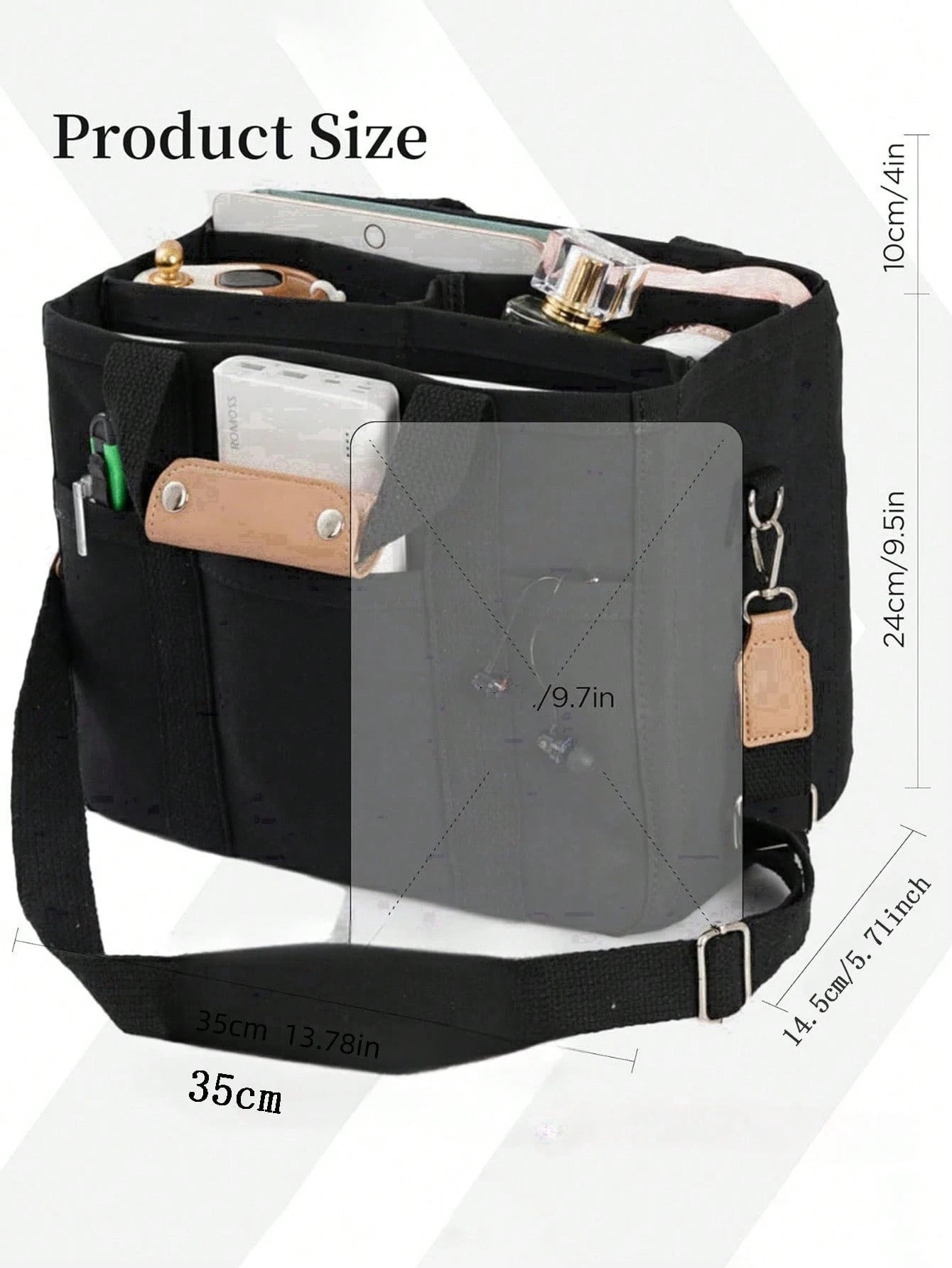 bolso tote negro para mujer con compartimentos y medidas