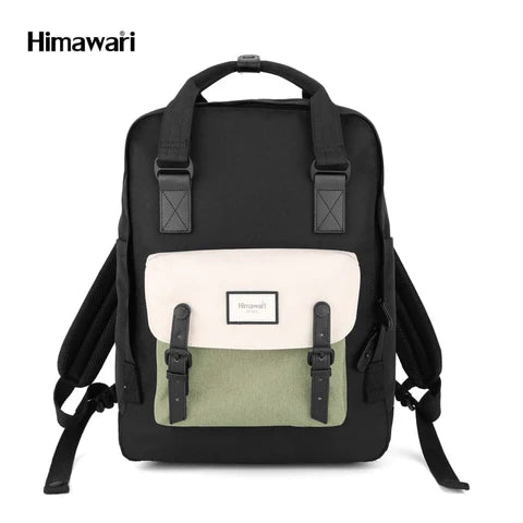 vista frontal mochila negra con beige y verde