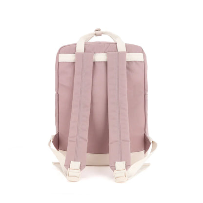 vista trasera mochila rosada con correas ajustables
