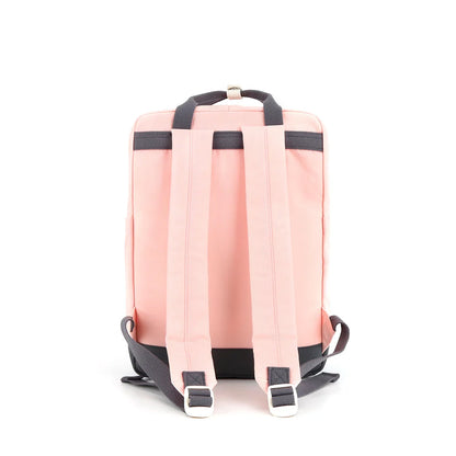parte trasera mochila rosa para dama con tirantes ajustables
