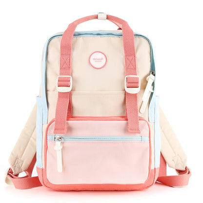 vista frontal mochila multicolor coral beige celeste 