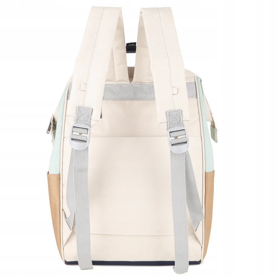 vista trasera mochila celeste para dama con tirantes acolchados