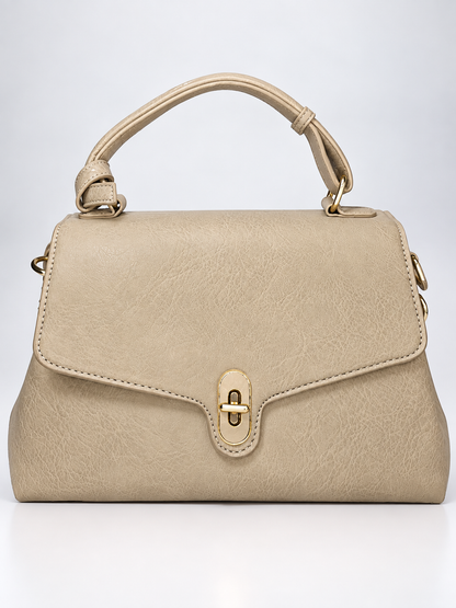 Bolso de mano beige para mujer vista frontal con herrajes dorados