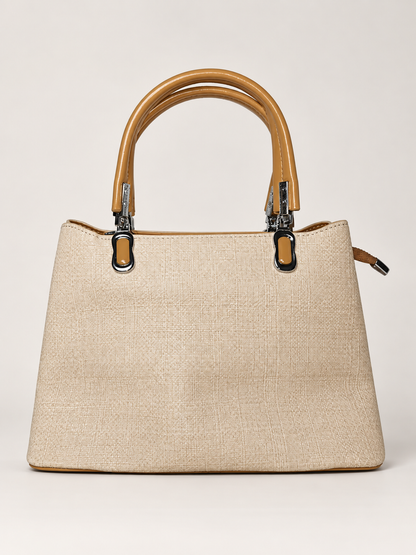 Bolso de mano beige para mujer vista posterior con acabado texturizado