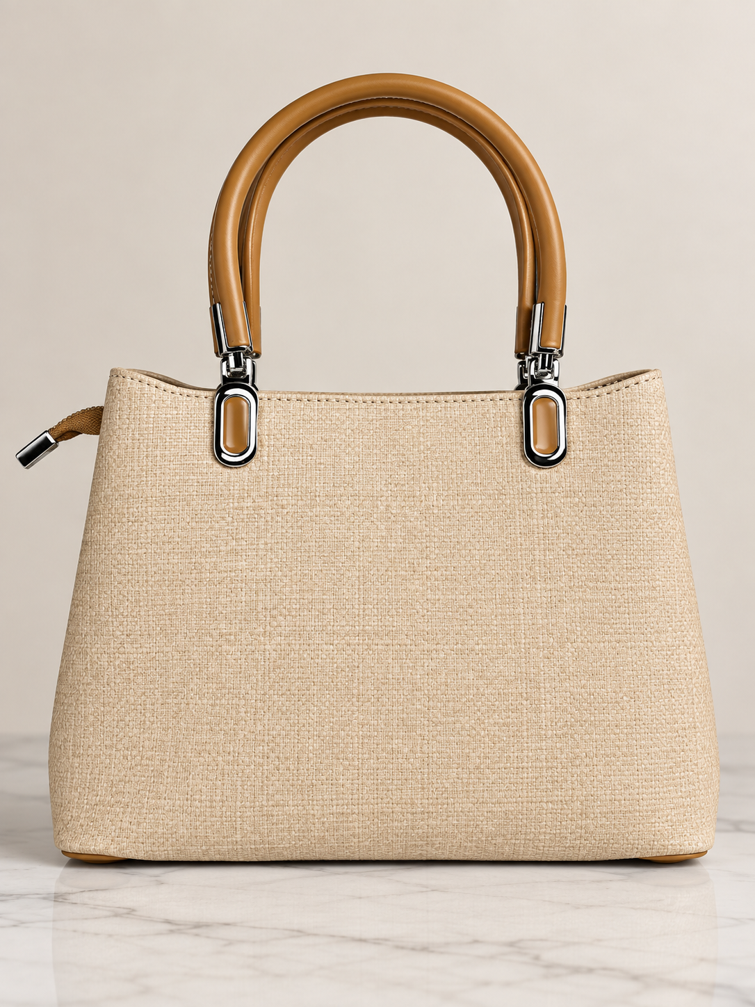Bolso de mano beige para mujer con asas camel vista frontal