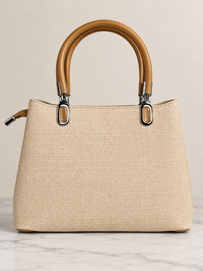 Bolso de mano beige para mujer con asas camel vista frontal