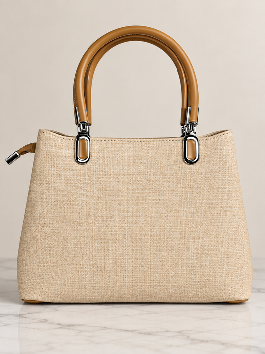 Bolso de mano beige para mujer con asas camel vista frontal