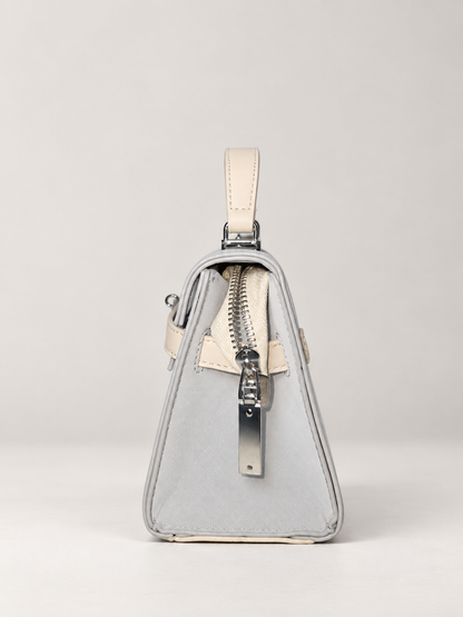Bolso de mano gris para mujer – vista lateral y cierre