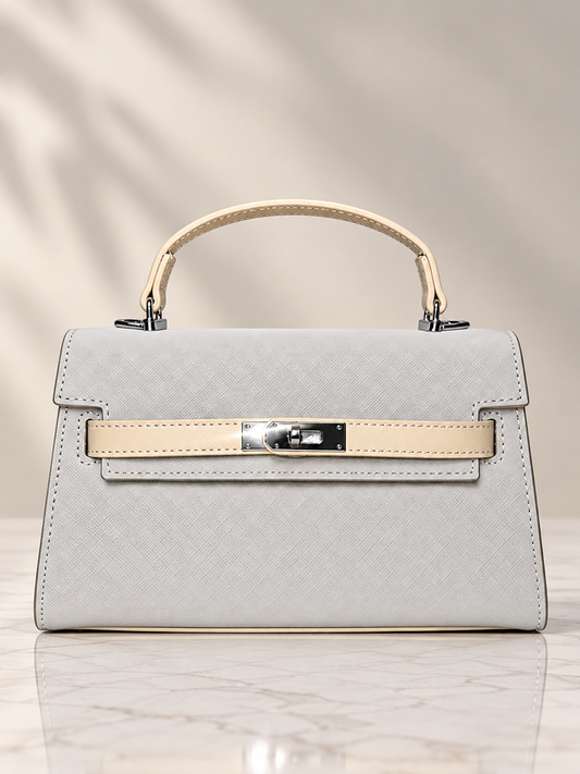 Bolso de mano gris para mujer con detalles beige – vista frontal