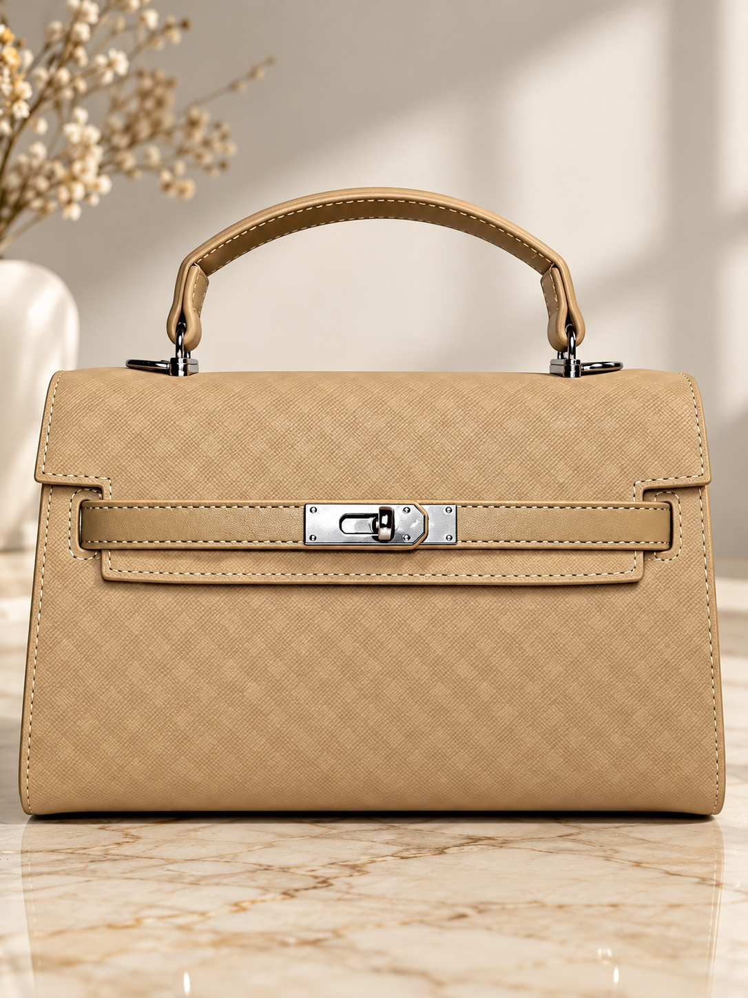 Bolso de mano beige para mujer con cierre metálico – vista frontal