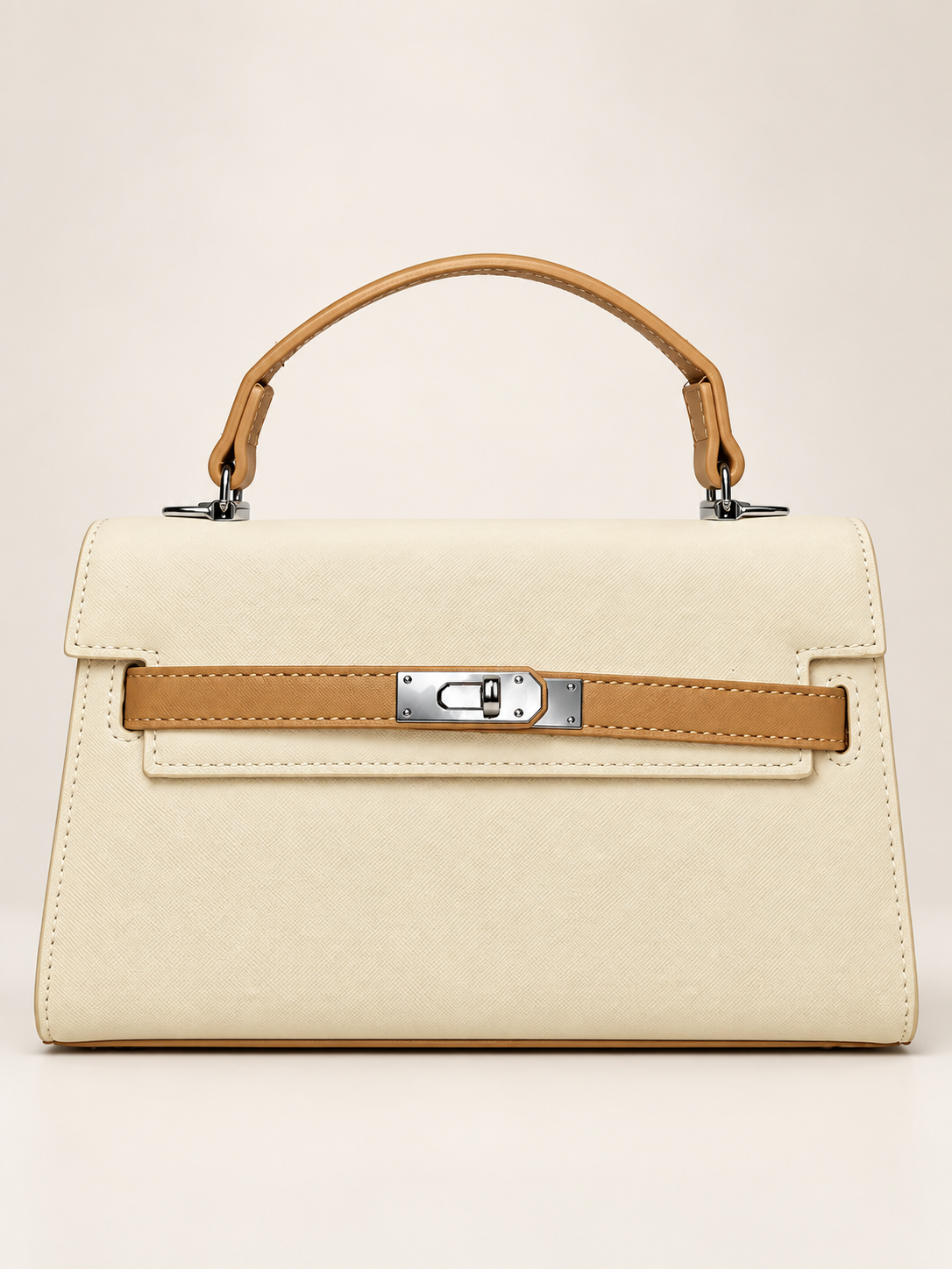Bolso estructurado crema para mujer vista frontal con detalles café