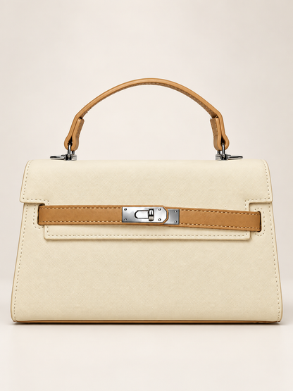Bolso estructurado crema para mujer vista frontal con detalles café