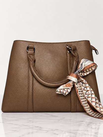 Bolso tote café para mujer vista frontal con pañuelo decorativo
