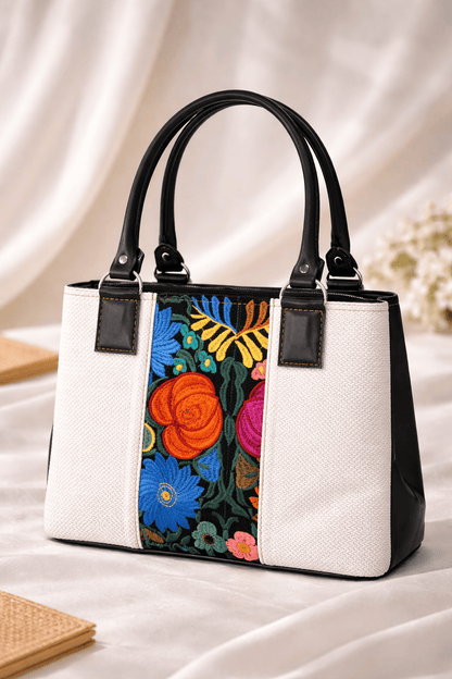 bolso blanco tote bordado floral para dama
