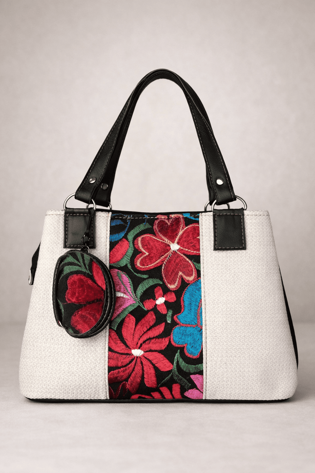 bolso blanco tote bordado floral rojo para dama
