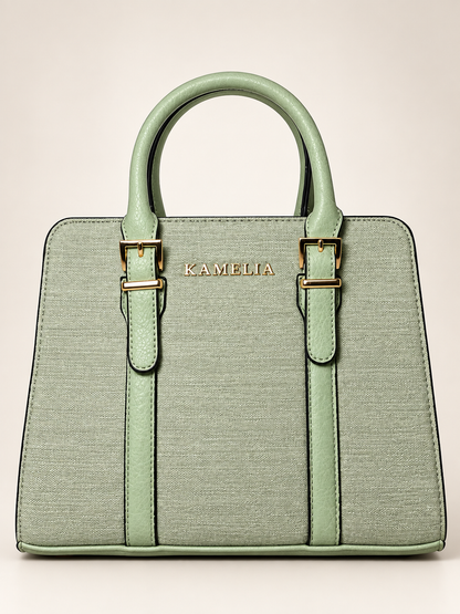 Bolso verde menta para mujer vista frontal con herrajes dorados