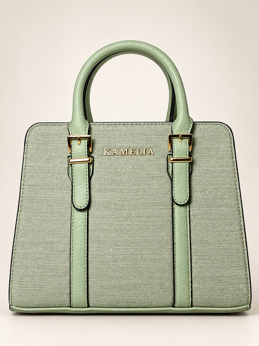 Bolso verde menta para mujer vista frontal con herrajes dorados