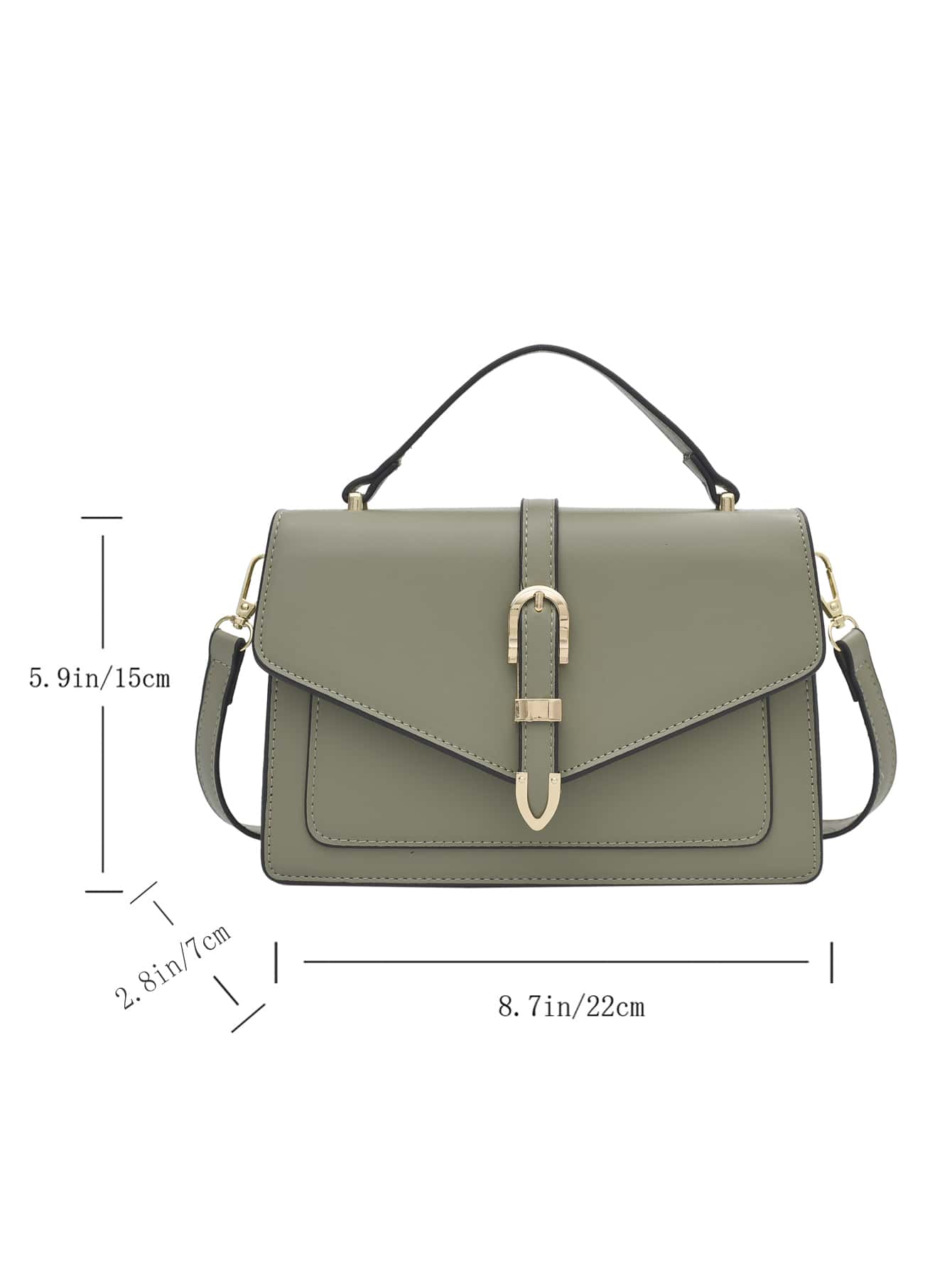 Bolso cuadrado verde para mujer con hebilla dorada, detalle de medidas