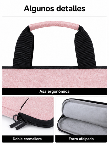 Bolso rosa para laptop detalle de asa doble cremallera y forro afelpado