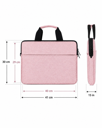 Bolso rosa para laptop detalle de medidas y perfil lateral