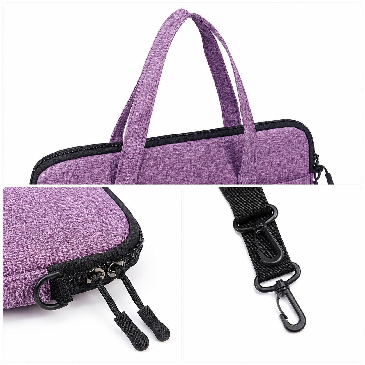 Bolso morado para laptop para mujer detalle de asas cremalleras y correa