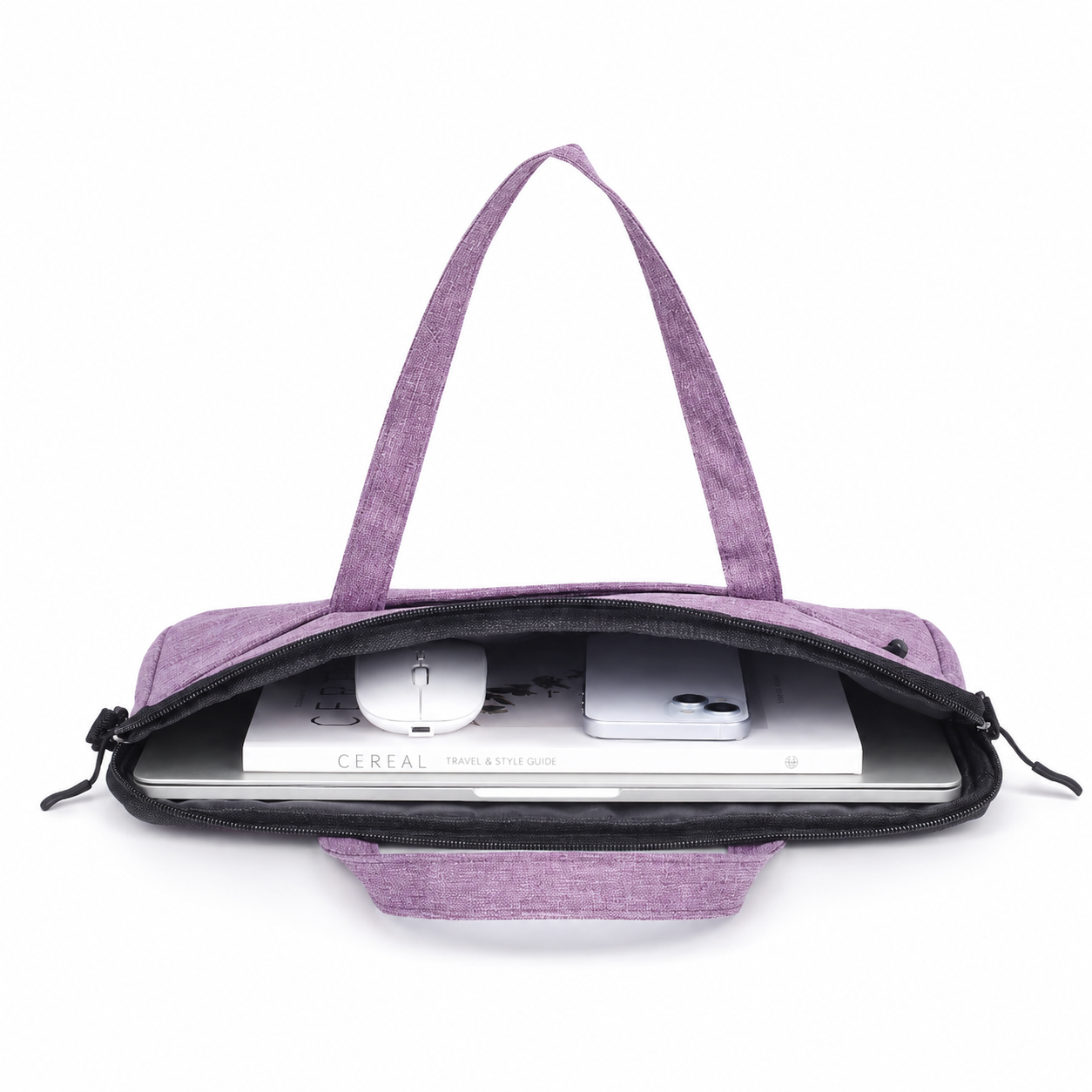 Bolso morado para laptop para mujer con compartimento principal abierto