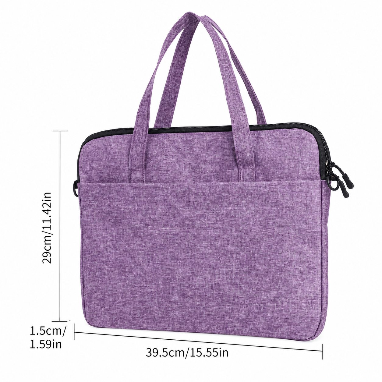 Bolso morado para laptop para mujer detalle de medidas y diseño frontal