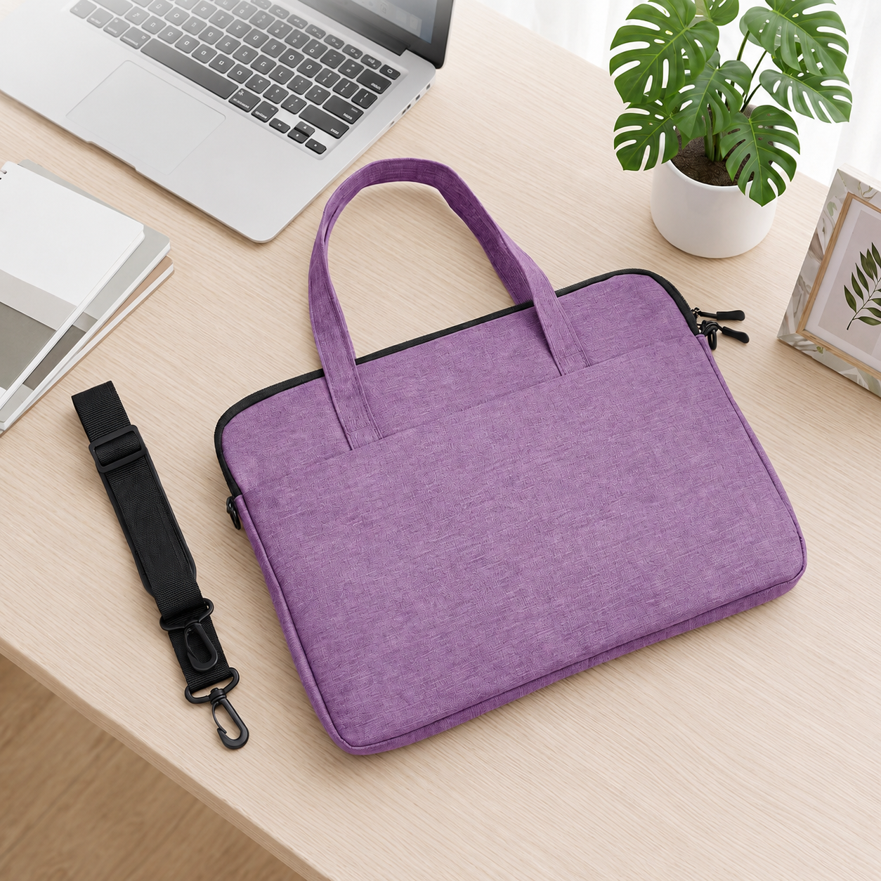 Bolso morado para laptop para mujer con correa desmontable sobre escritorio