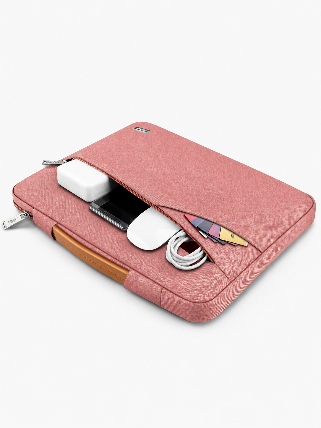 Funda rosa para laptop para mujer detalle de bolsillo frontal con accesorios