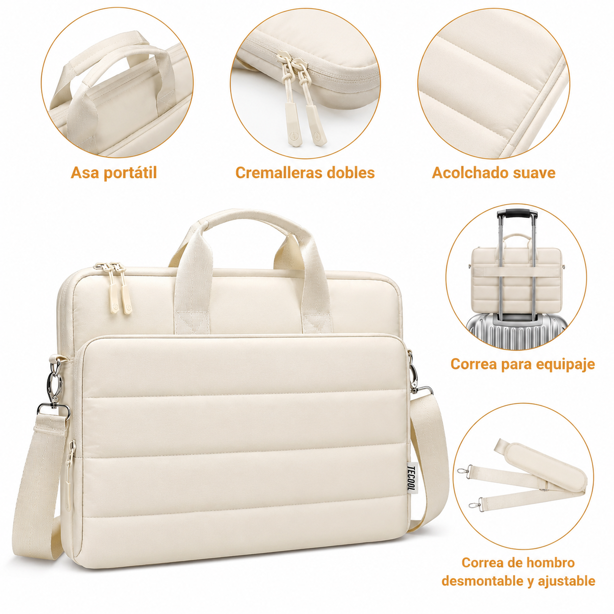 Bolso para laptop beige acolchado con asas y correa desmontable