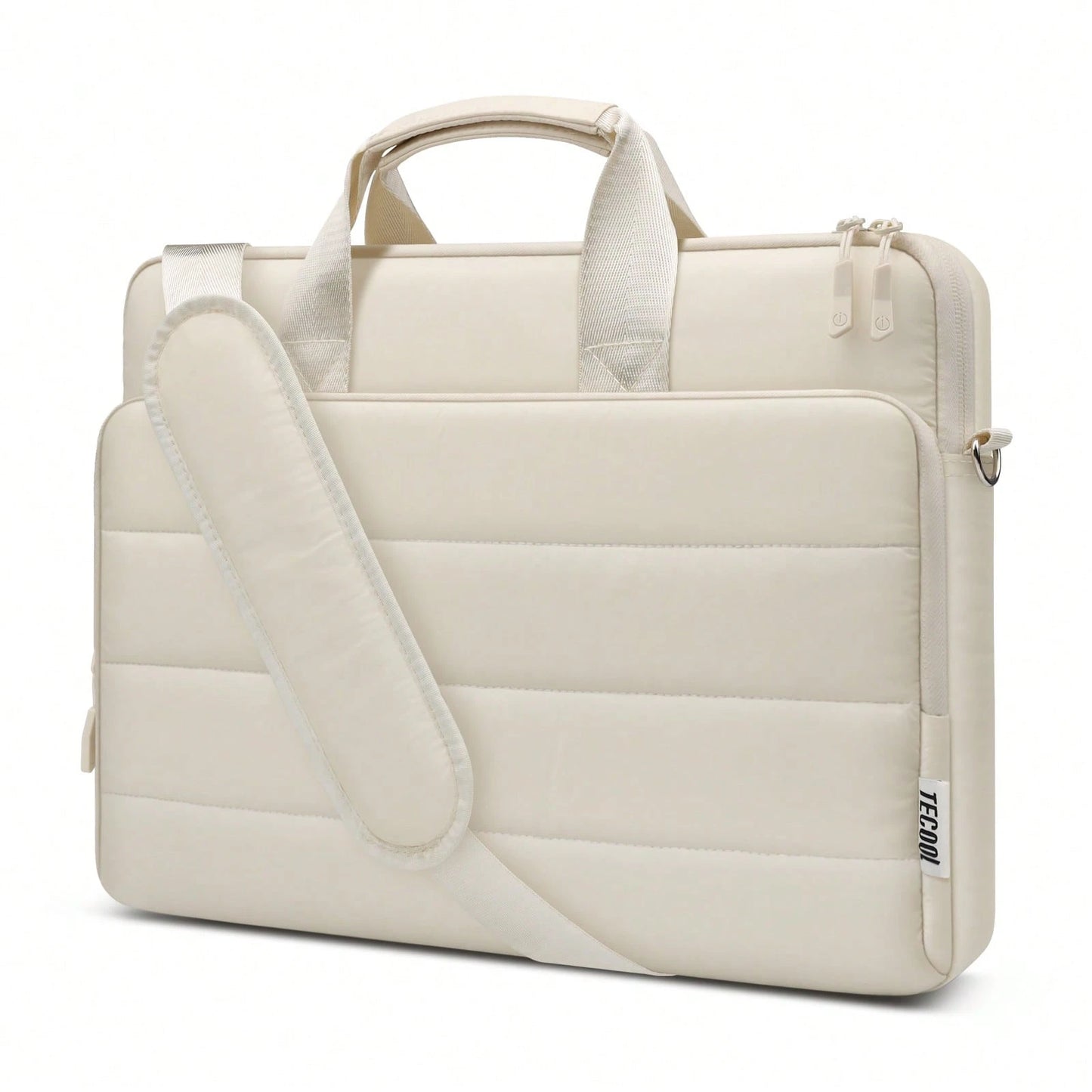 Bolso para laptop beige acolchado con correa ajustable vista frontal