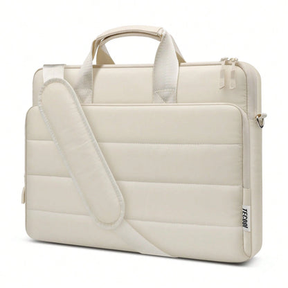 Bolso para laptop beige acolchado con correa ajustable vista frontal