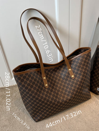 Bolso tote café para mujer con detalle de medidas y asas largas