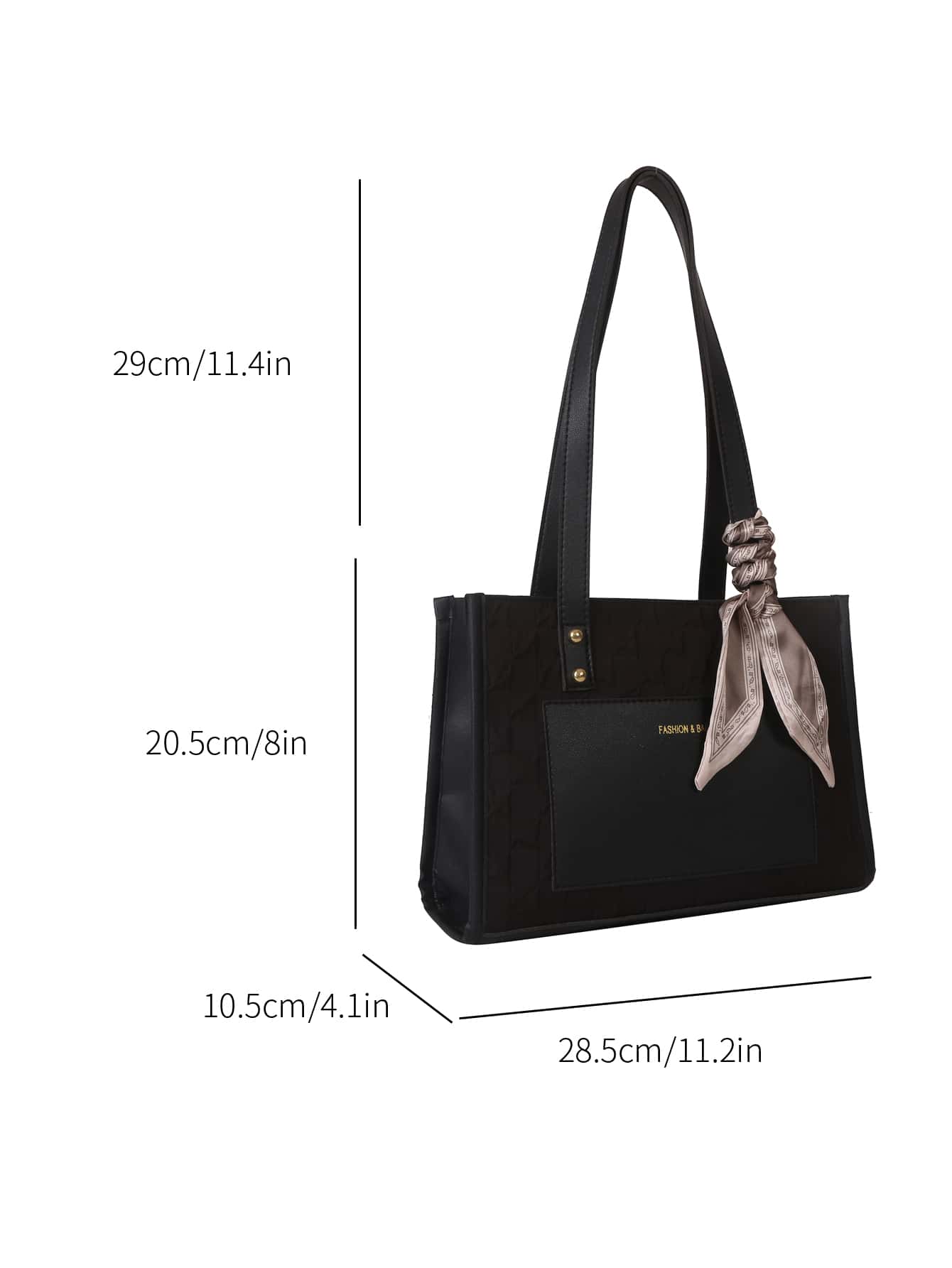 Bolso tote negro para mujer con medidas y pañuelo beige