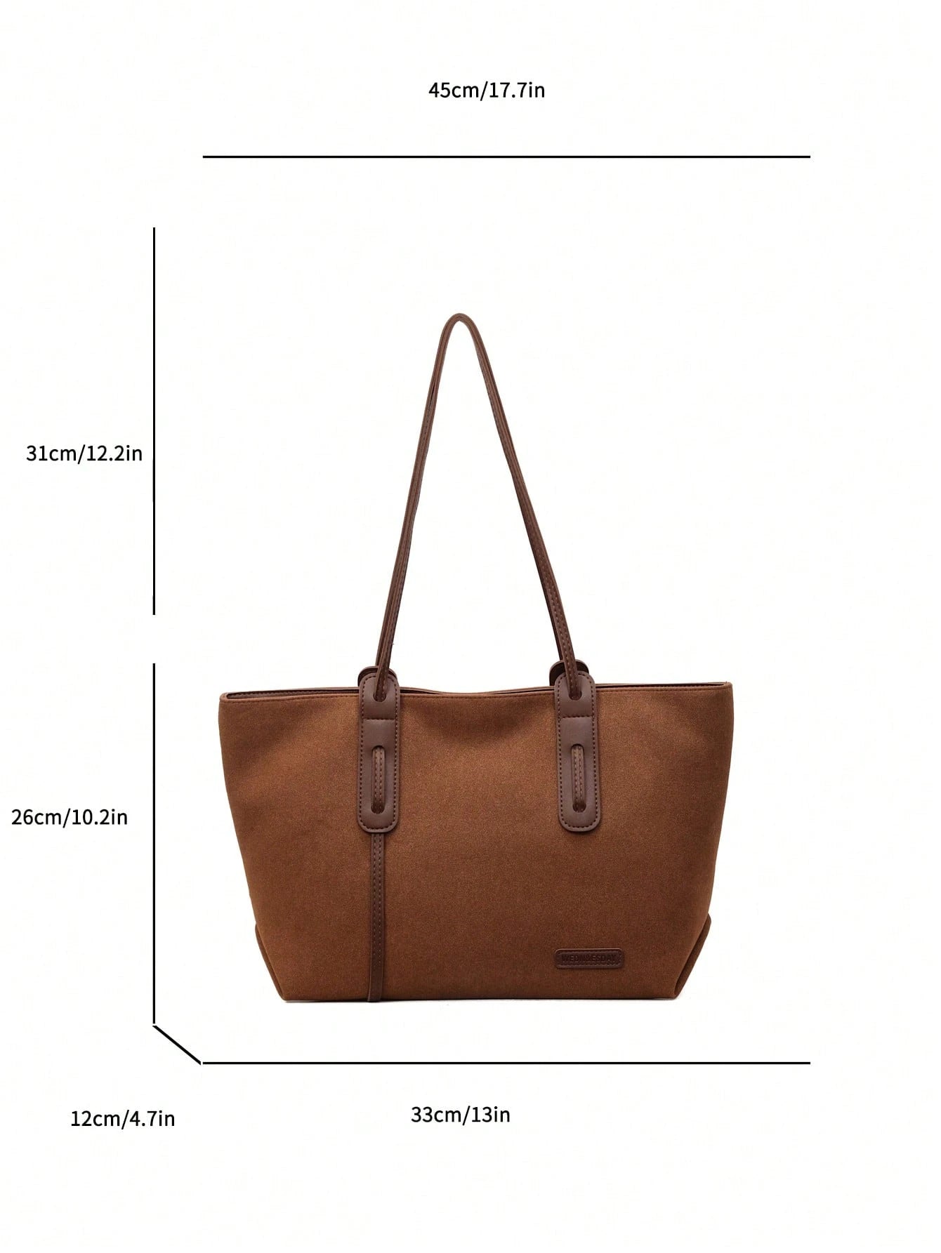 Bolso tote marrón para mujer detalle de medidas y estructura