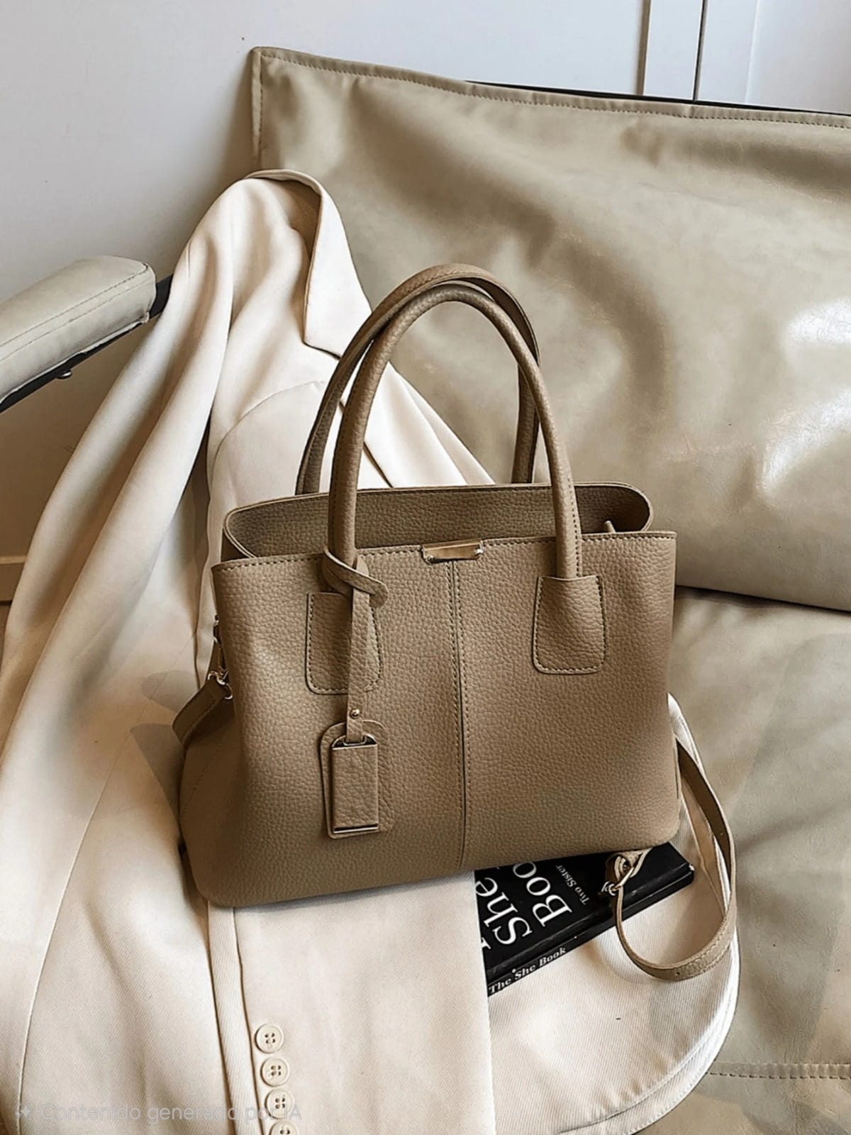 Bolso caqui para mujer sobre sofá con correa ajustable