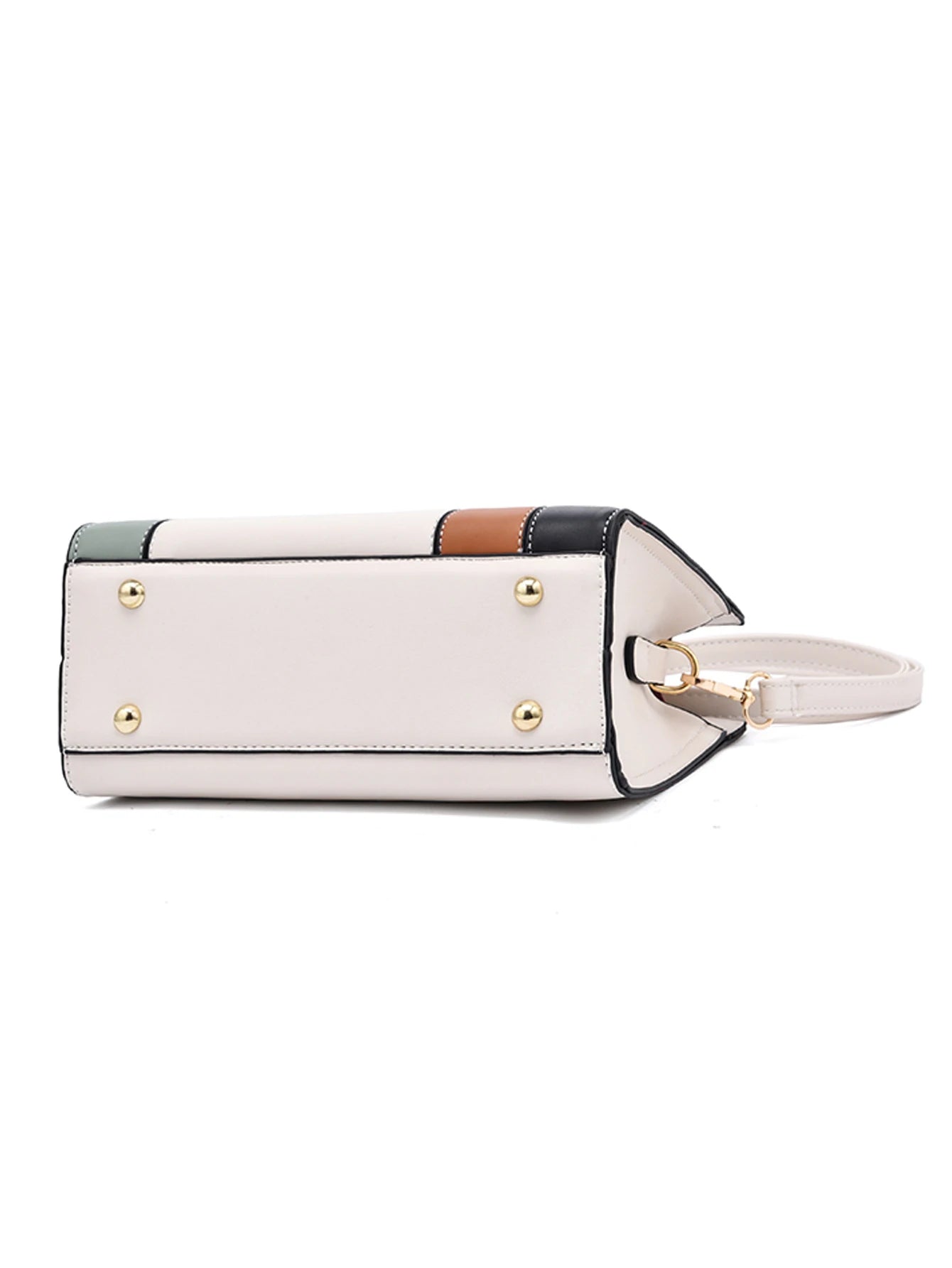 Bolso estructurado beige para mujer detalle de base con soportes metálicos