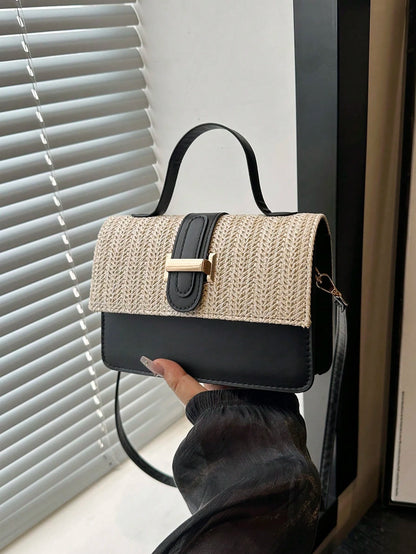 bolso beige y negro cuadrado de paja para dama