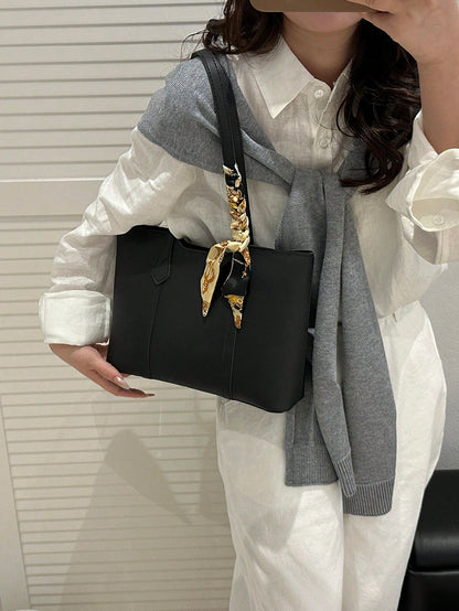 bolso tote negro para mujer estilo de hombro con pañuelo decorativo