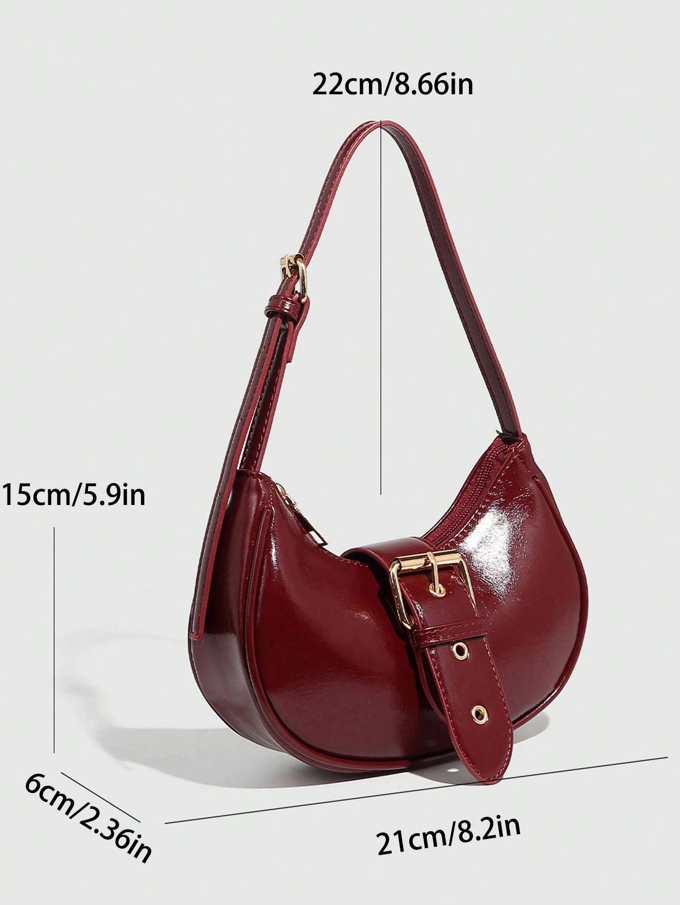 Bolso hobo burdeos para mujer con medidas y detalle de estructura