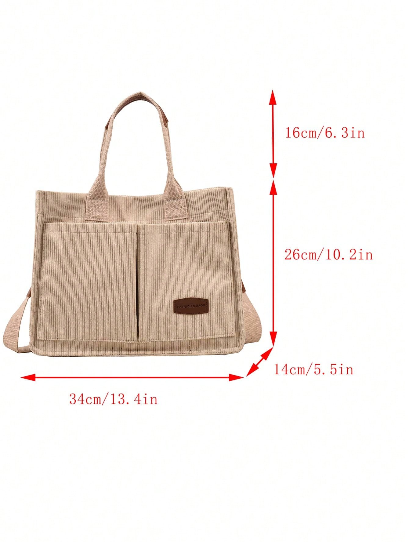Bolso tote caqui para mujer vista frontal con medidas del bolso