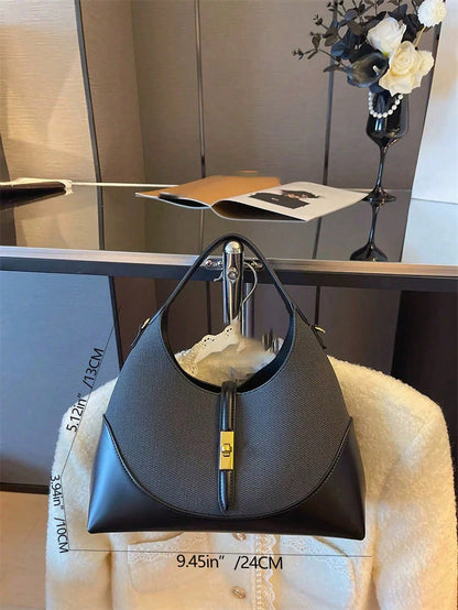 Bolso hobo gris para mujer con diseño contrastante y medidas aproximadas