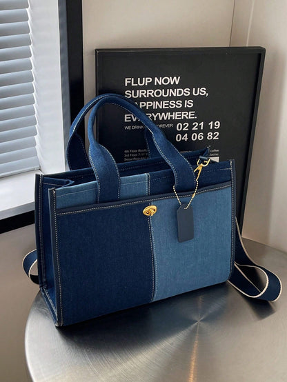 Bolso tote azul para mujer con bloques de color y asas dobles