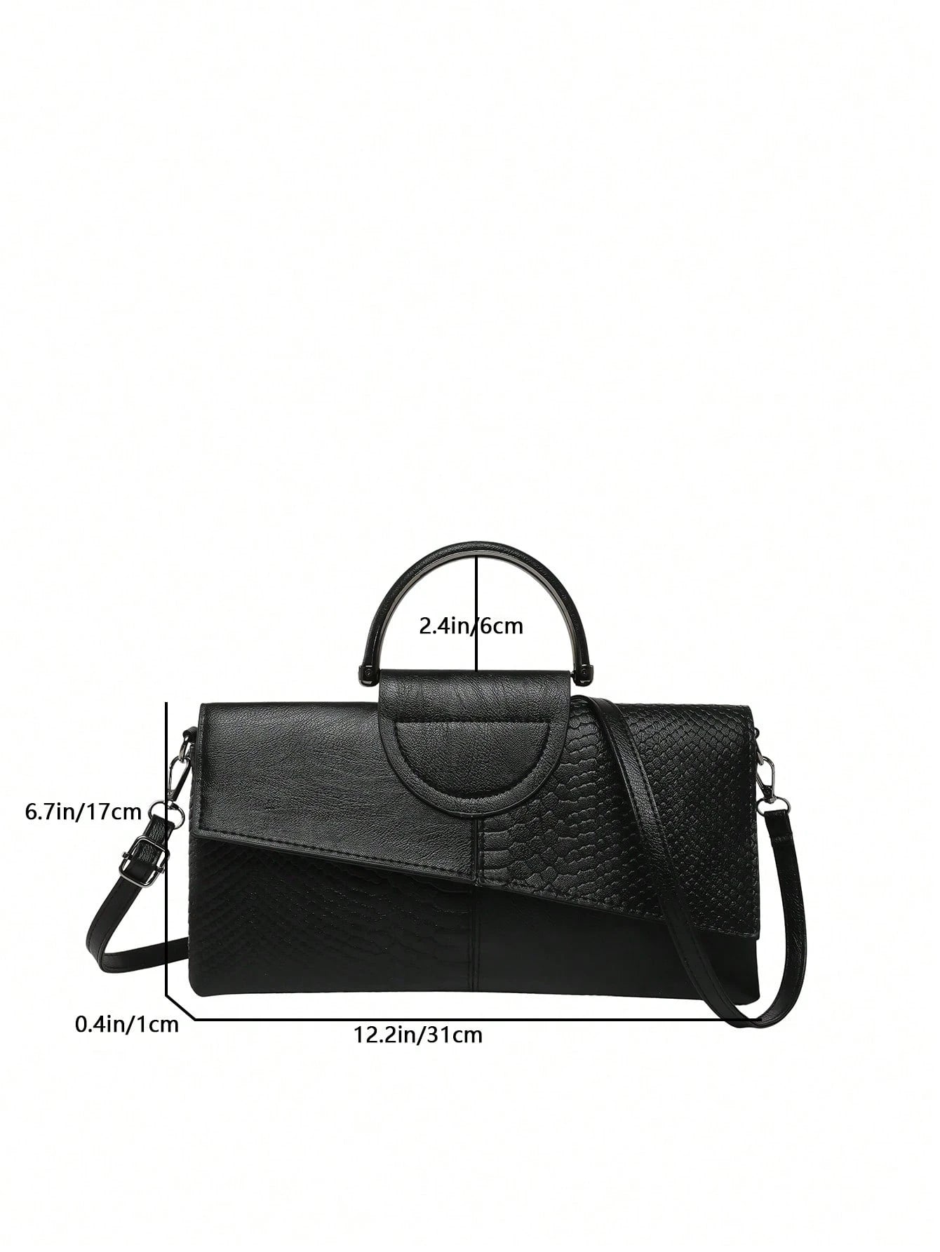 bolso de mano negro para mujer vista frontal con medidas
