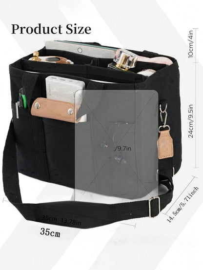 bolso tote negro para mujer con compartimentos y medidas