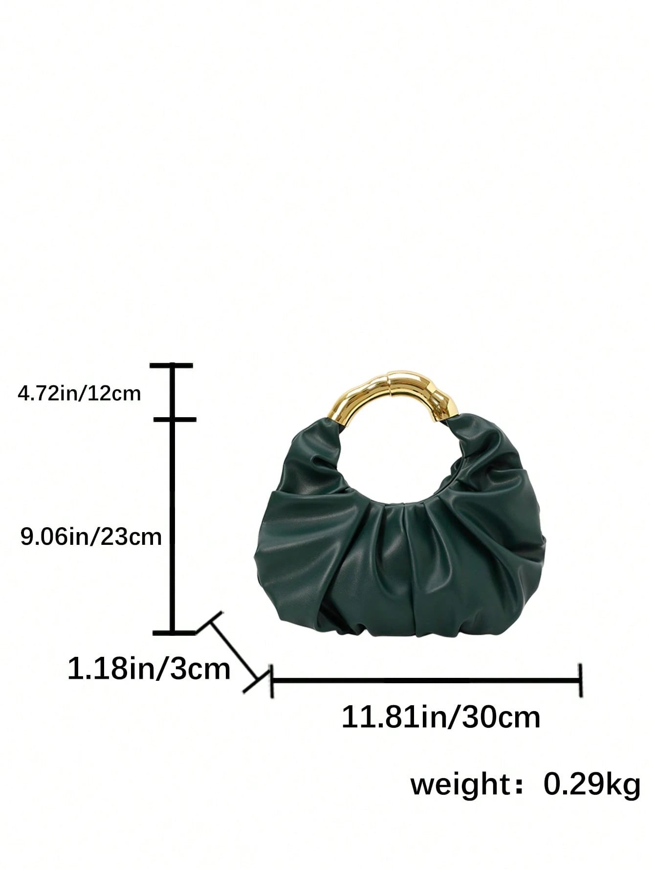 Bolso hobo verde para mujer con asa dorada, detalle de medidas y dimensiones
