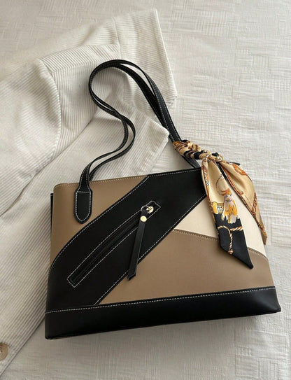 bolso caqui tote para dama con bufanda decorativa